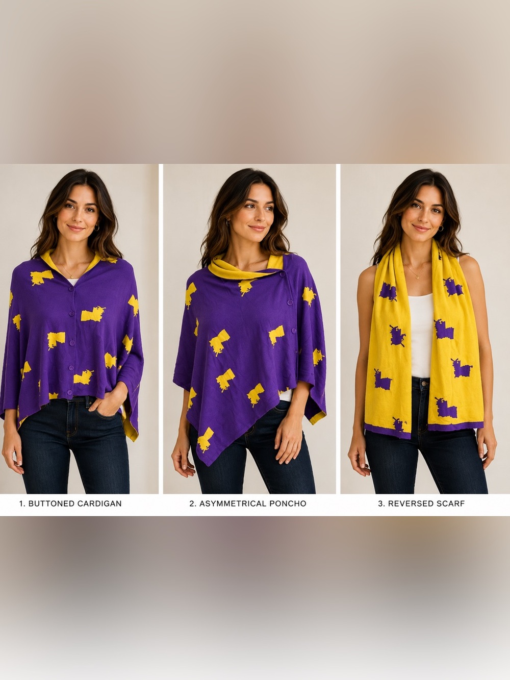 NWT Top It Off 3 in 1 Reversible Louisiana Button-Front Poncho, Wrap, Scarf